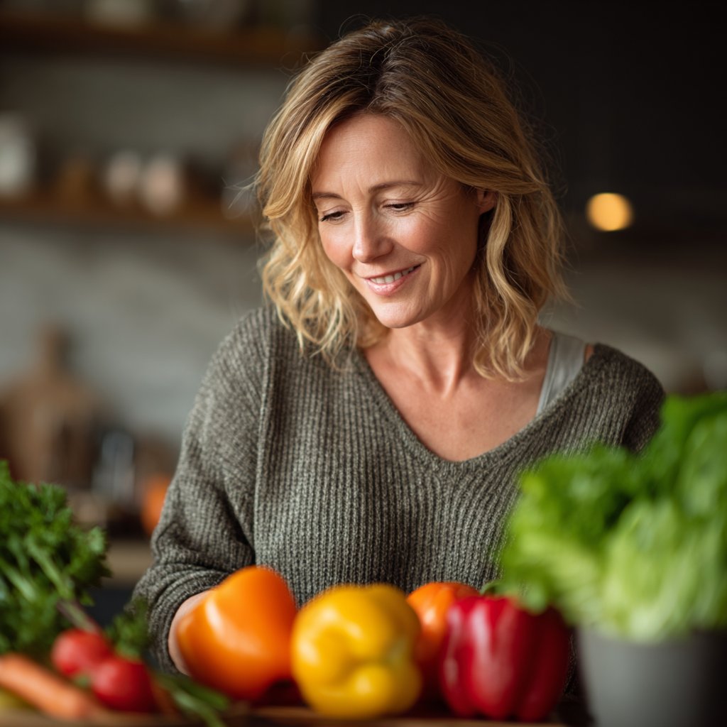 Healthy middle-aged woman in her 40s preparing fresh vegetables in a modern kitchen, smiling while holding colorful bell peppers and leafy greens